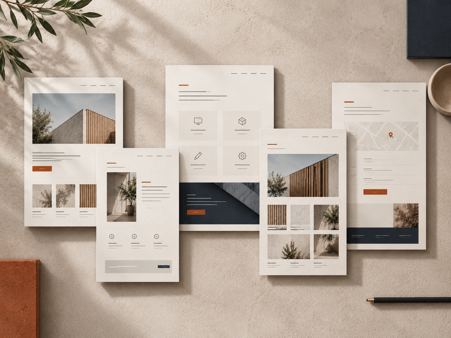 Five coordinated business website page layouts arranged as one design system