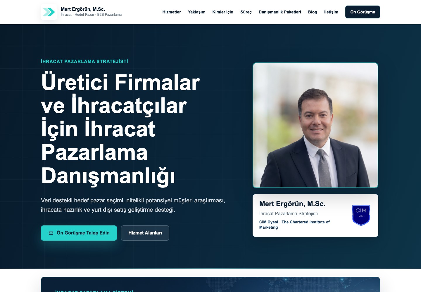 The Smartcon Consulting homepage, with its export marketing services, founder and direct enquiry route