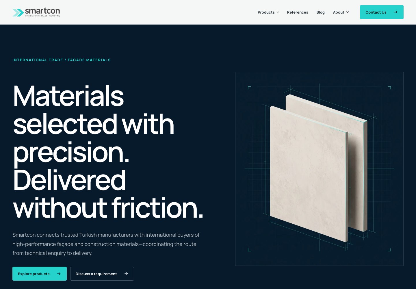 SmartconGroup website with clear product navigation and architectural materials imagery